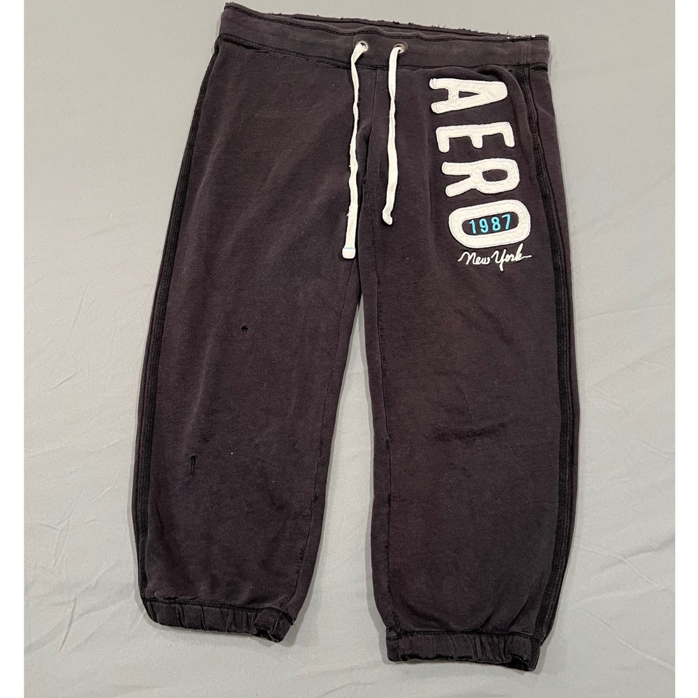 Aeropostale Vintage Y2K Graphic Sweatpants Joggers Black Distressed Small 1987